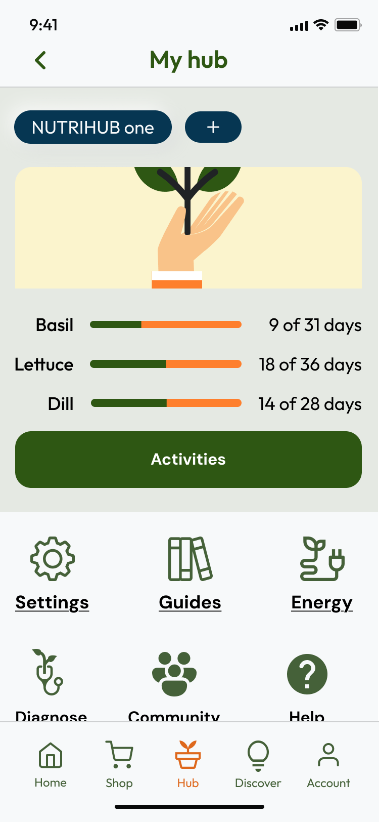 Image shows 'My hub' section of the Nutrihub app, with options to add multiple devices, plant growth progress and other hub management options.