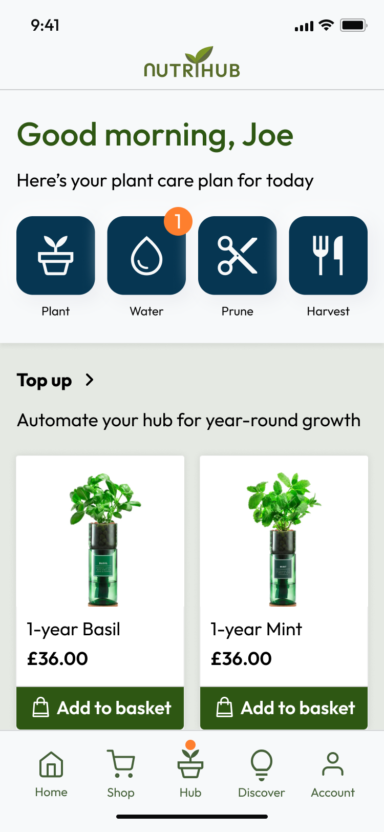 Image shows homepage of Nutrihub app, with key required activities towards the top, and shopping options to add automated herb packs to the system.
